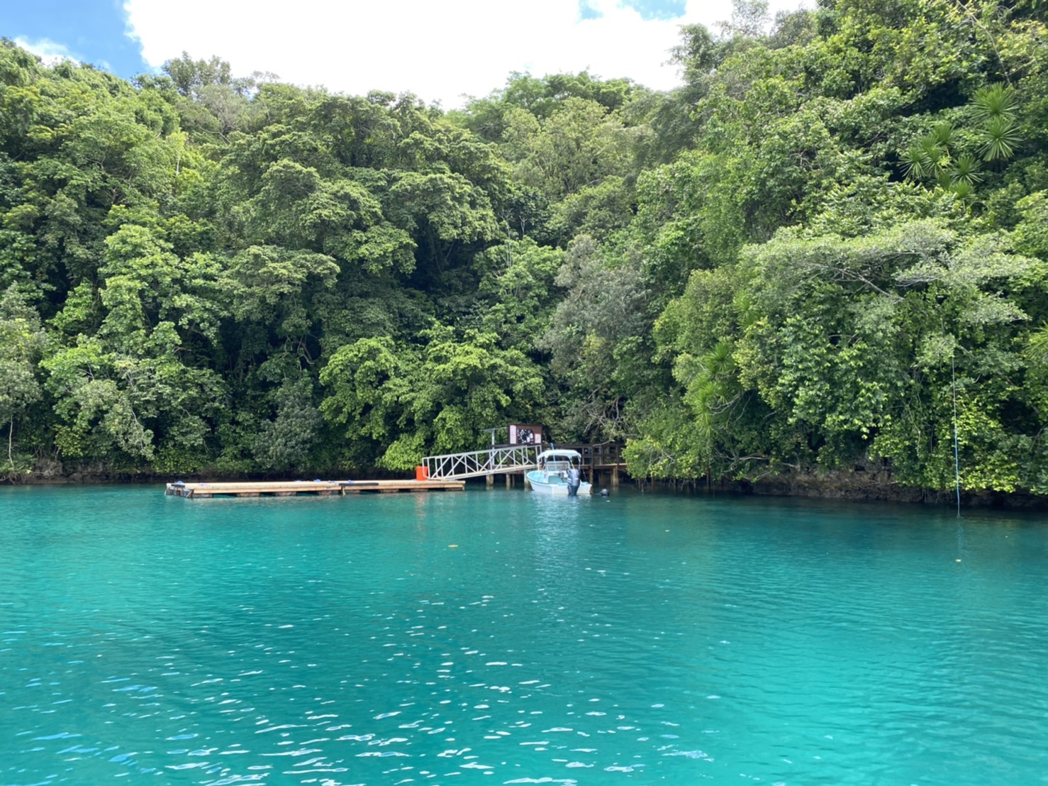 水母湖入口處的停船碼頭，需要在此先清洗身體，洗掉沙子以免影響水母生長的環境。
