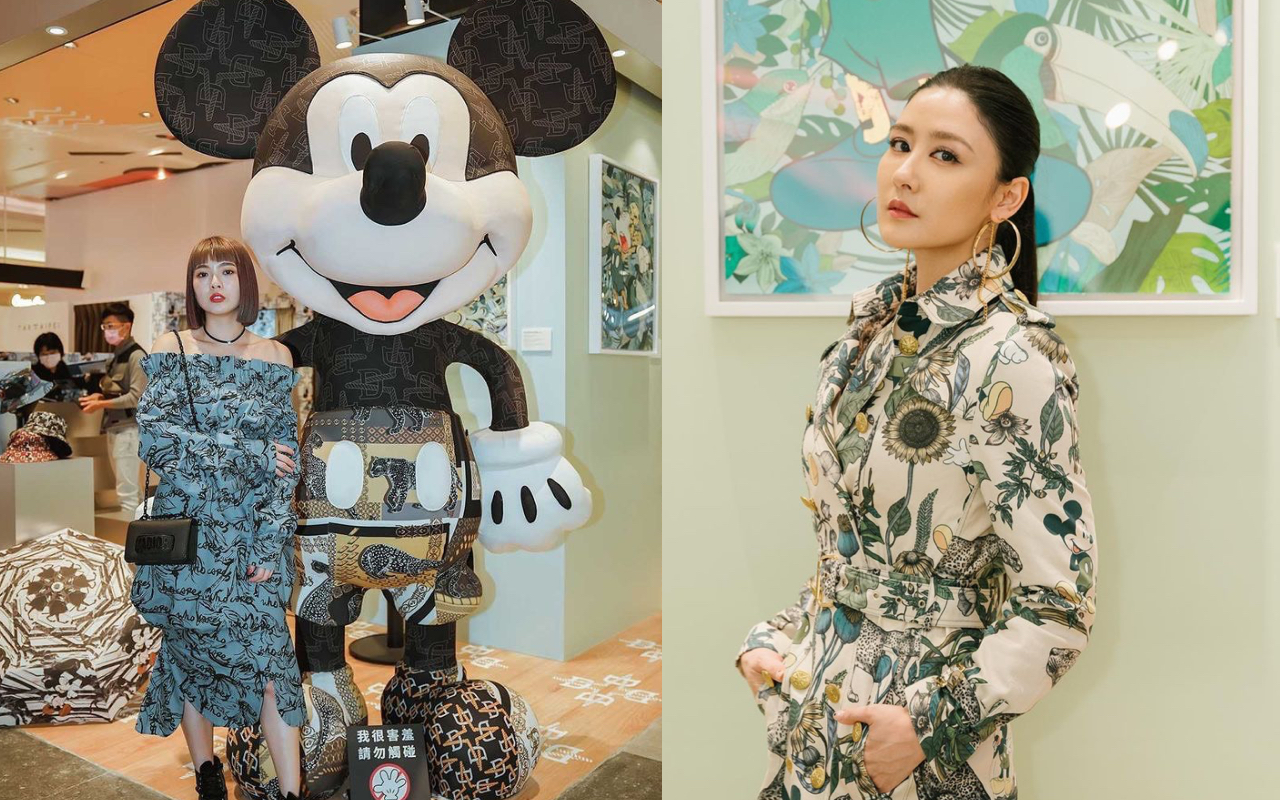 Daniel Wong與迪士尼聯名的超大米奇公仔，在新光三越信義A11館成了打卡地標，陳艾熙（右）、「小豬」黃沐妍（左）現身支持。（Daniel Wong提供）