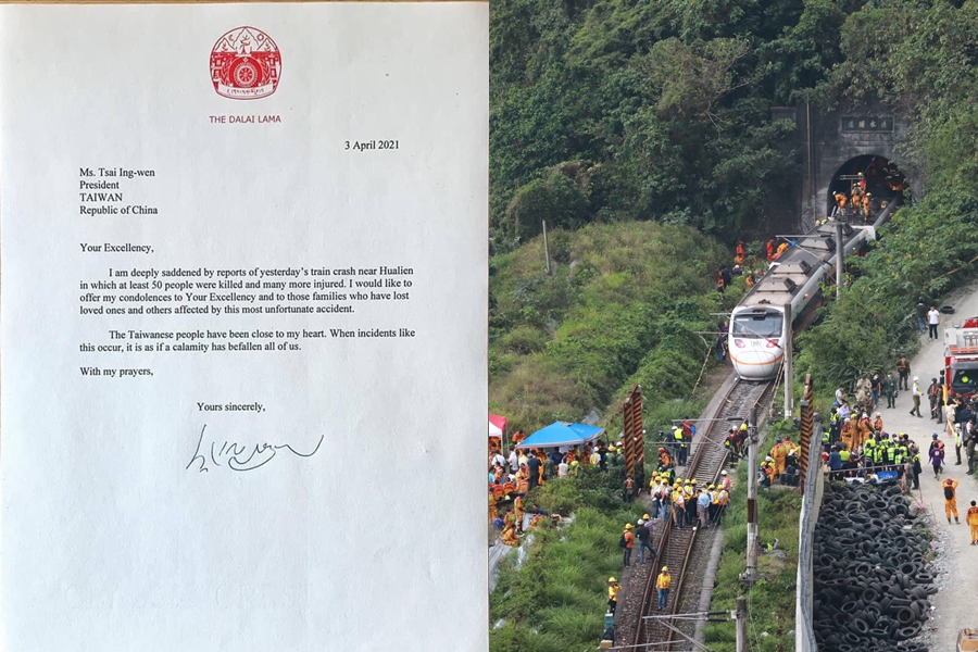 台鐵太魯閣號2日在花蓮發生出軌意外引起國際關注，達賴喇嘛也來信慰問。（左圖翻攝自林穎孟臉書）