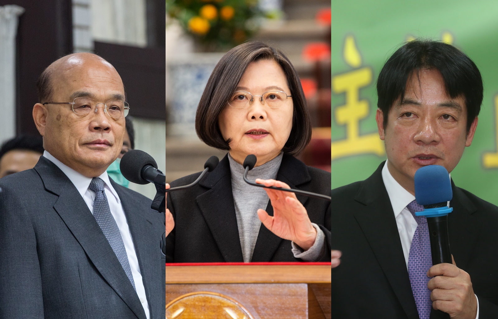 總統蔡英文（中）、副總統賴清德（右），以及行政院長蘇貞昌（左）皆以個人身分，分別捐出1個月所得至衛福部賑災專戶。