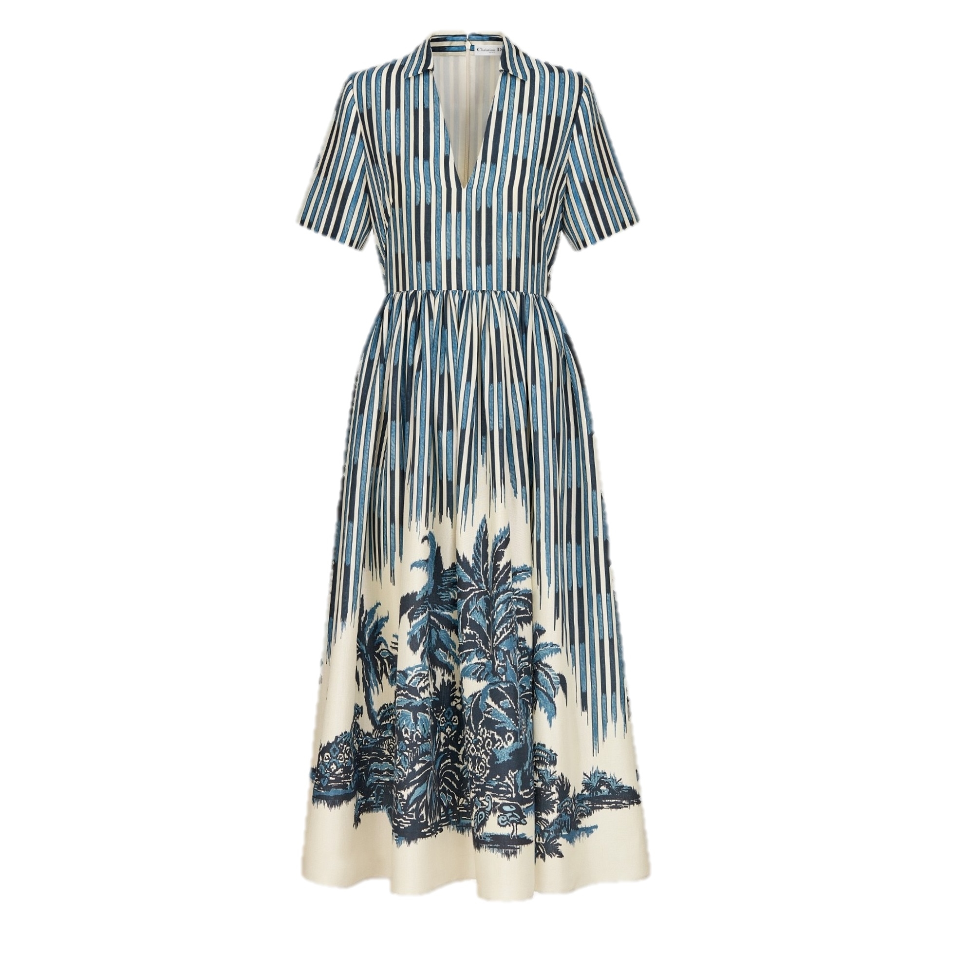 DIOR Palms藍白棕梠樹印花絲質V領洋裝。NT$150,000（DIOR提供）