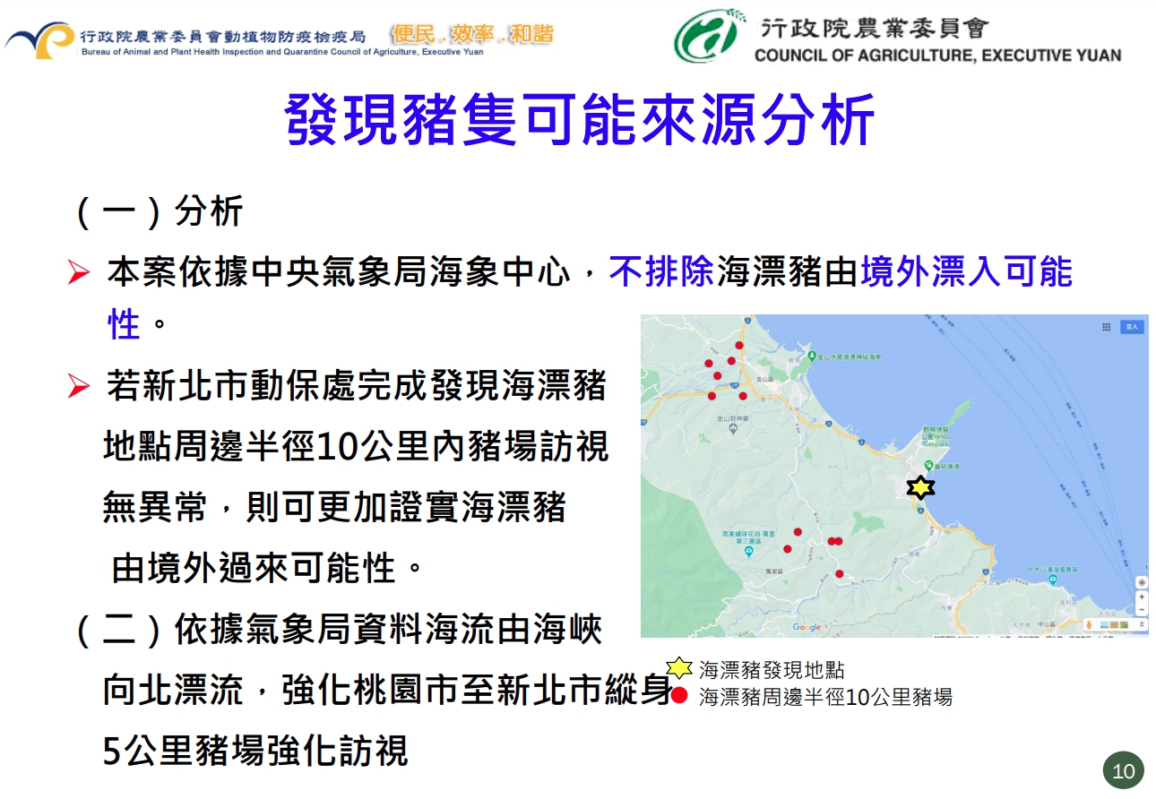 針對海漂豬地點周邊半徑10公里內養豬場,進行每場15頭豬隻的相關採樣。(中央災害應變中心提供)