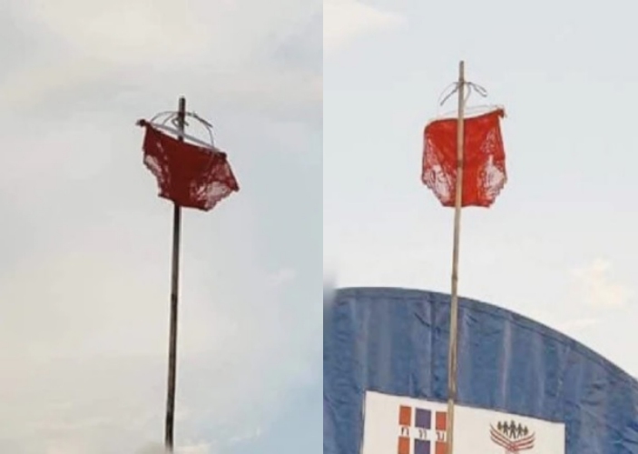 泰國一戶人家舉行「竹竿高掛寡婦紅內褲」的驅雨儀式，結果當天真的停止降雨。（翻攝自臉書）