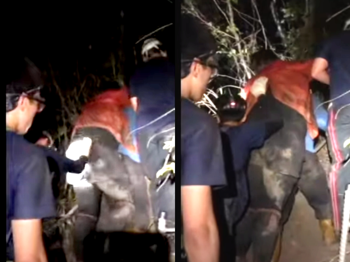 日前警消接獲報案，1名男子受困於栗松溫泉求援，救難人員到場才發現是體重破百的壯漢。（翻攝自盧大城Youtube頻道）