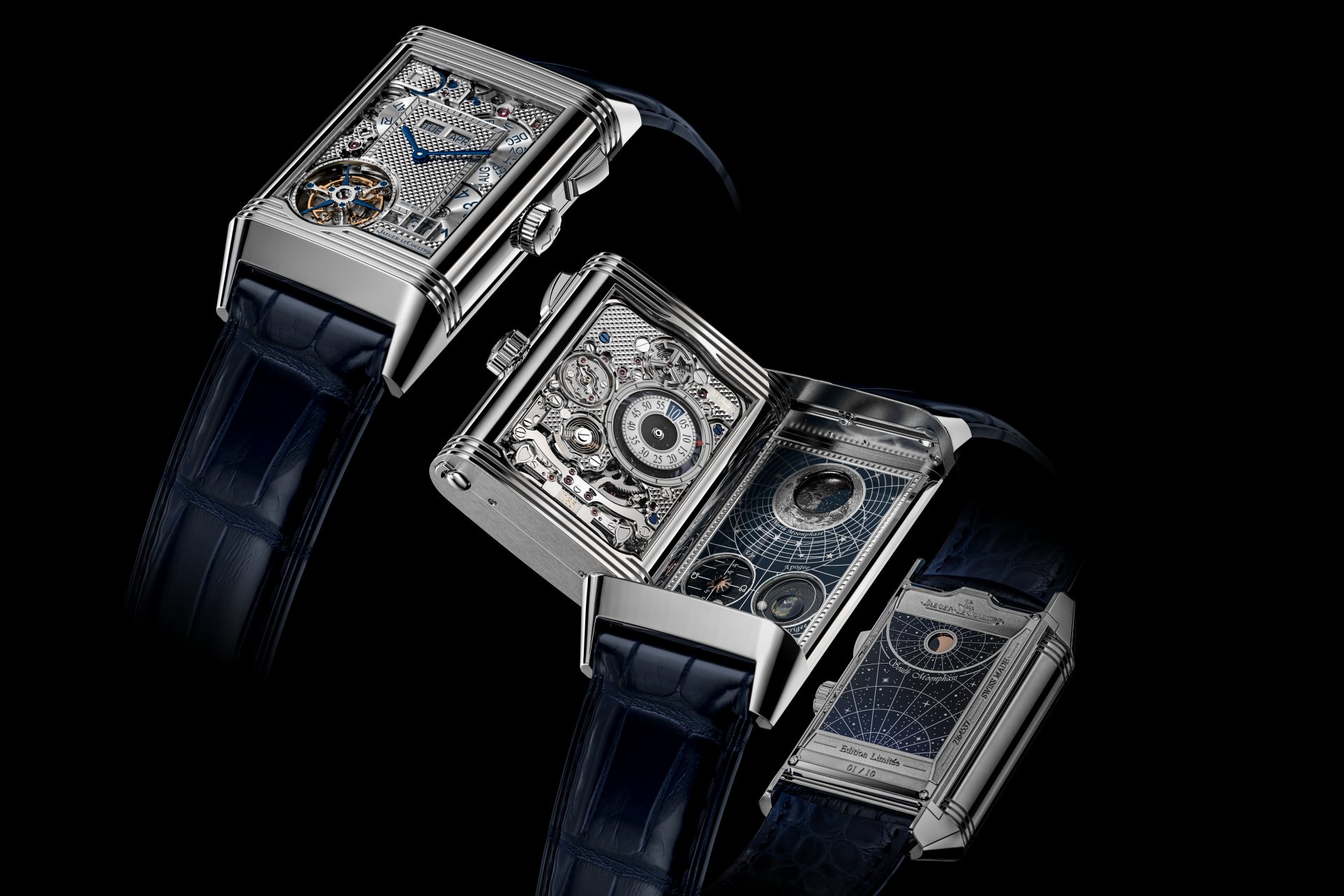 JAEGER LeCOULTRE Reverso Hybris Mechanica Calibre 185 Quadriptyque 鐘錶史上第一枚「四面腕錶」。第一面為大日曆視窗萬年曆與飛行陀飛輪功能；第二面為跳時顯示水晶音簧三問錶；第三面為北半球月相、月球交點與年月顯示；第四頁則為南半球月相顯示。把如此複雜功能濃縮於微型空間之中，實在厲害。全球限量僅10只。暫未定價。