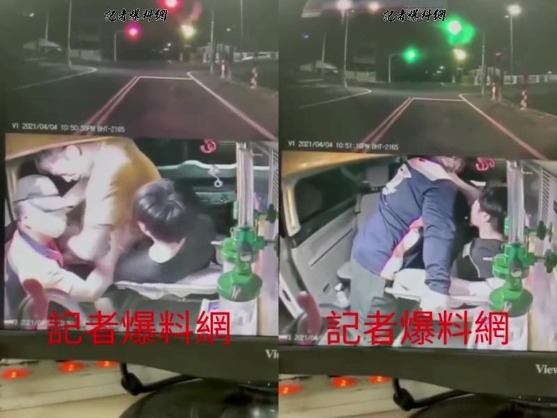 黃衣惡少見擔架上的友人被醫護人員壓制,便上前瘋狂毆打,最後由右圖中的司機緊急停車,到車廂內協助阻止。(翻攝自「記者爆料網」臉書)