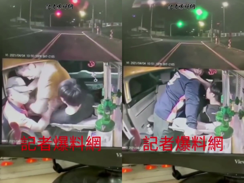 黃衣惡少見擔架上的友人被醫護人員壓制,便上前瘋狂毆打,最後由右圖中的司機緊急停車,到車廂內協助阻止。(翻攝自「記者爆料網」臉書)