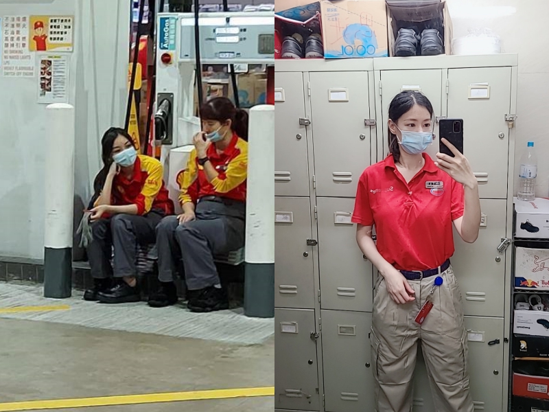 香港網友先討論左圖殼牌加油站的正妹工讀生，隨後又有右圖ESSO加油站正妹員工參戰。（翻攝自今日有嘢講Today Review67臉書）