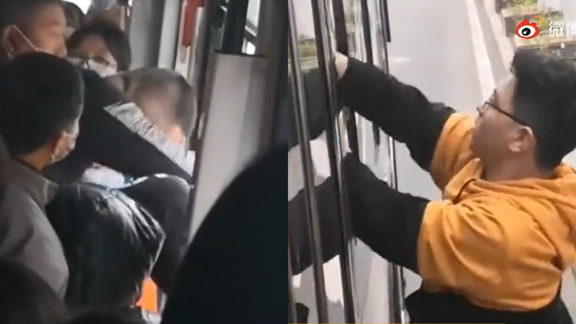 男子（左圖）猥褻女學生被逮後開窗逃跑，被民眾裡外應合制伏。（翻攝自微博）