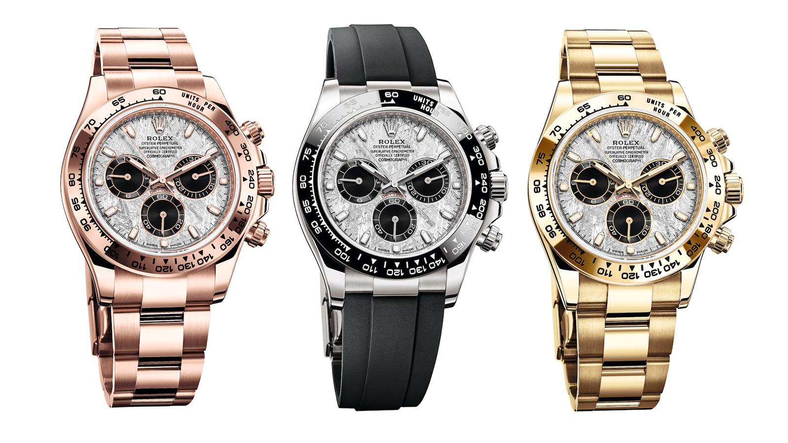 Oyster Perpetual Cosmograph Daytona｜錶徑40mm，建議售價NT$ 1,452,000（左）、1,132,500（中）、1,362,500（右）