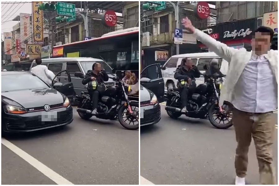 一名男駕駛涉嫌逼重機車外，還華麗轉身下車並嗆聲，讓網友們看了啼笑皆非。（翻攝自爆料公社）