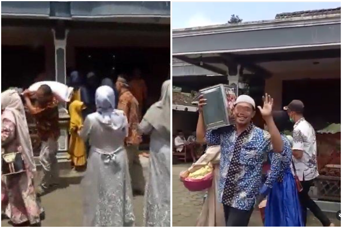 走錯的新郎親友團扛著聘禮尷尬撤退，一旁賓客全笑翻。（翻攝自《Tribun News》）