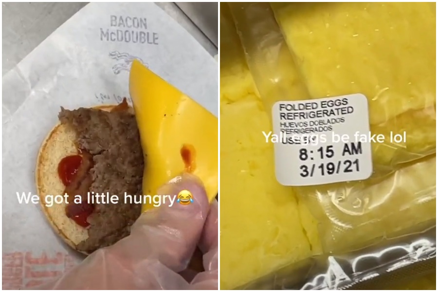 美國一名抖音用戶分享麥當勞店員將「吃一半的肉排」出餐給客人，引發幾百萬人撻伐，總公司已經下令調查。（翻攝自@mikky.d0 TikTok頻道）