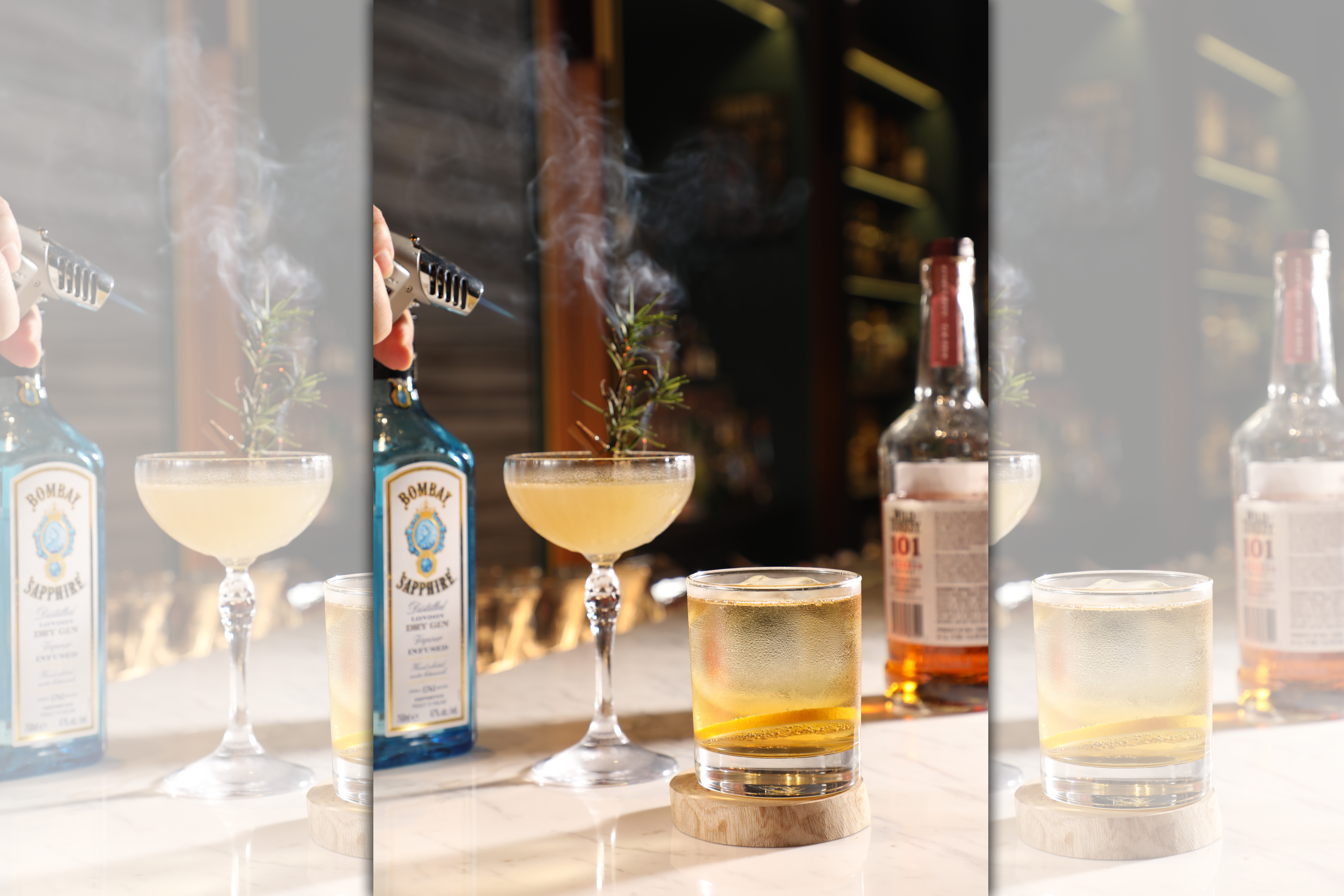 特調「舒適圈」(左,300元/杯)茉莉綠茶琴酒底韻厚實,托住接骨木、迷迭香的酸甜繽紛;經典「Old Fashioned」(右,350元/杯)則把炙燒柳橙香氣鎖在杯中,呼應波本柔甜。