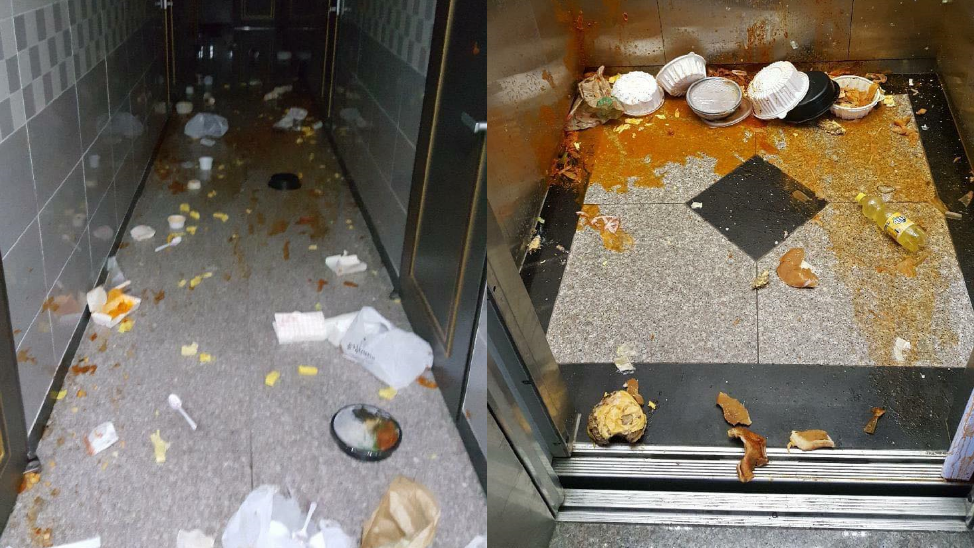 南韓一處公寓遭食物轟炸,樓層各處散落食物殘骸。(翻攝自cheoannews臉書)