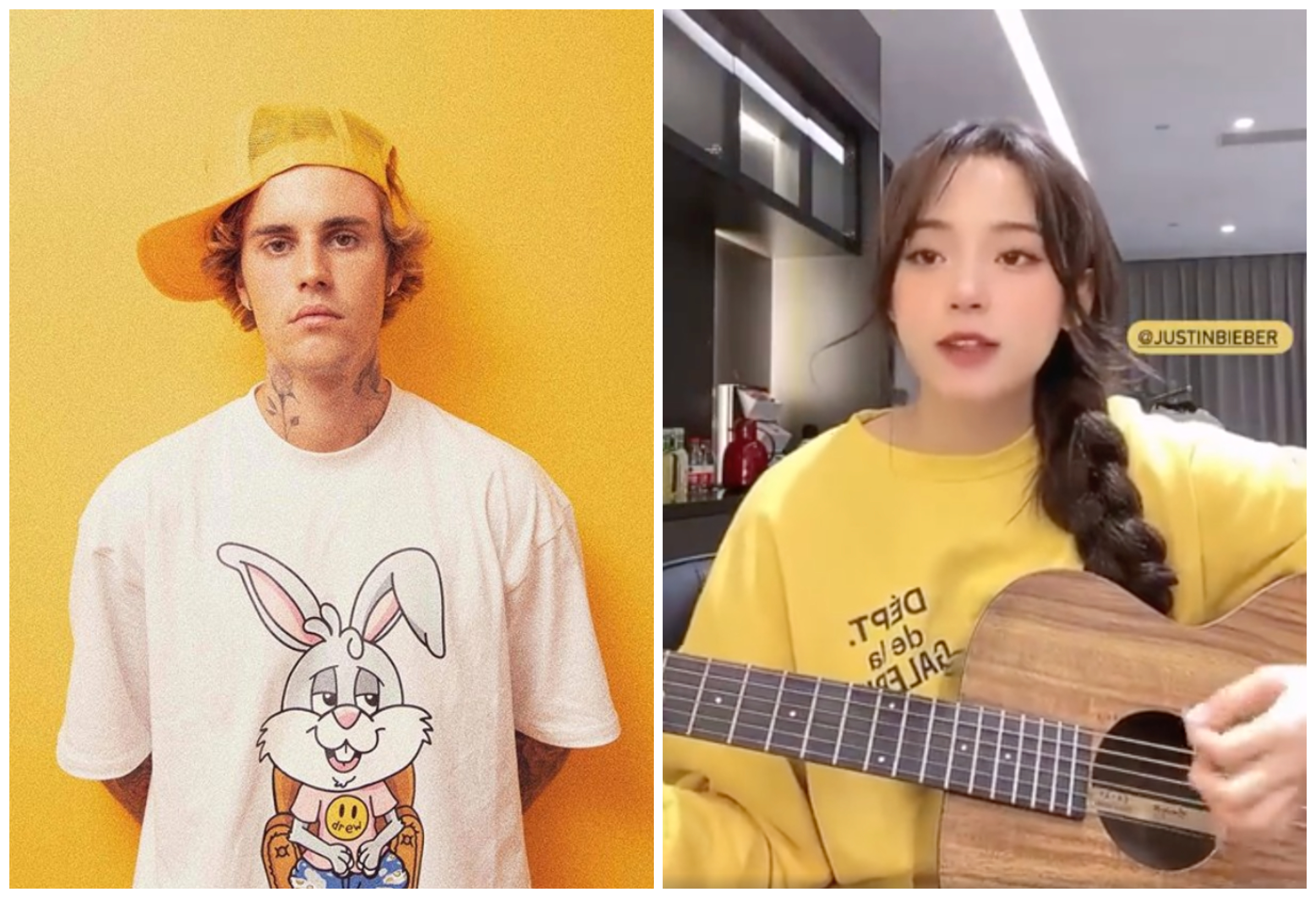 小賈斯汀（左圖）將歐陽娜娜自彈自唱影片轉發到IG限時動態。（翻攝Justin Bieber、歐陽娜娜IG）