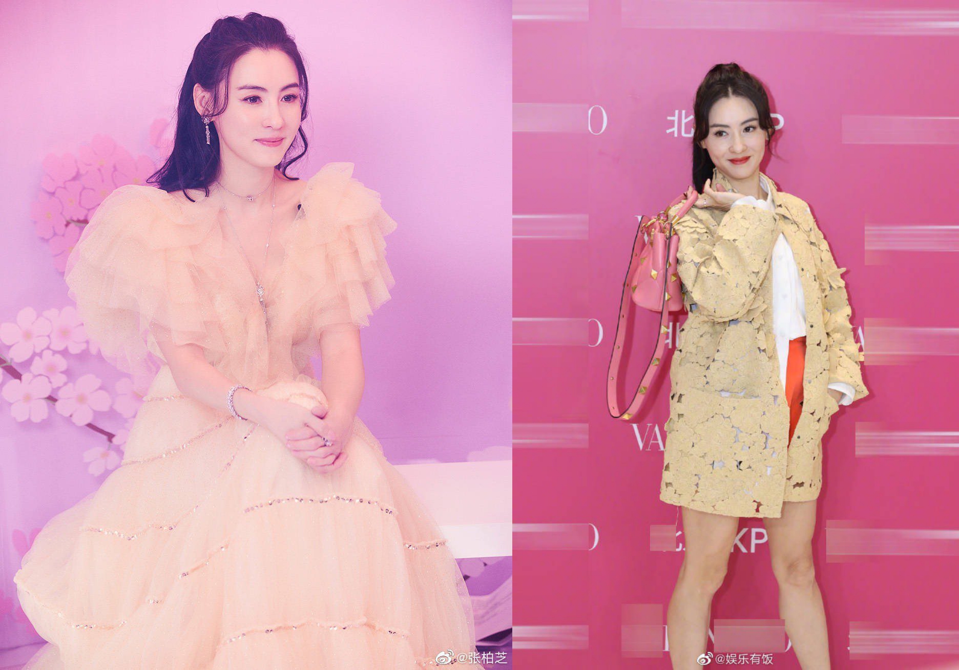 張栢芝近期吵足話題，連凸肚出席活動（右），都傳第4胎疑雲。（翻攝自張栢芝微博）