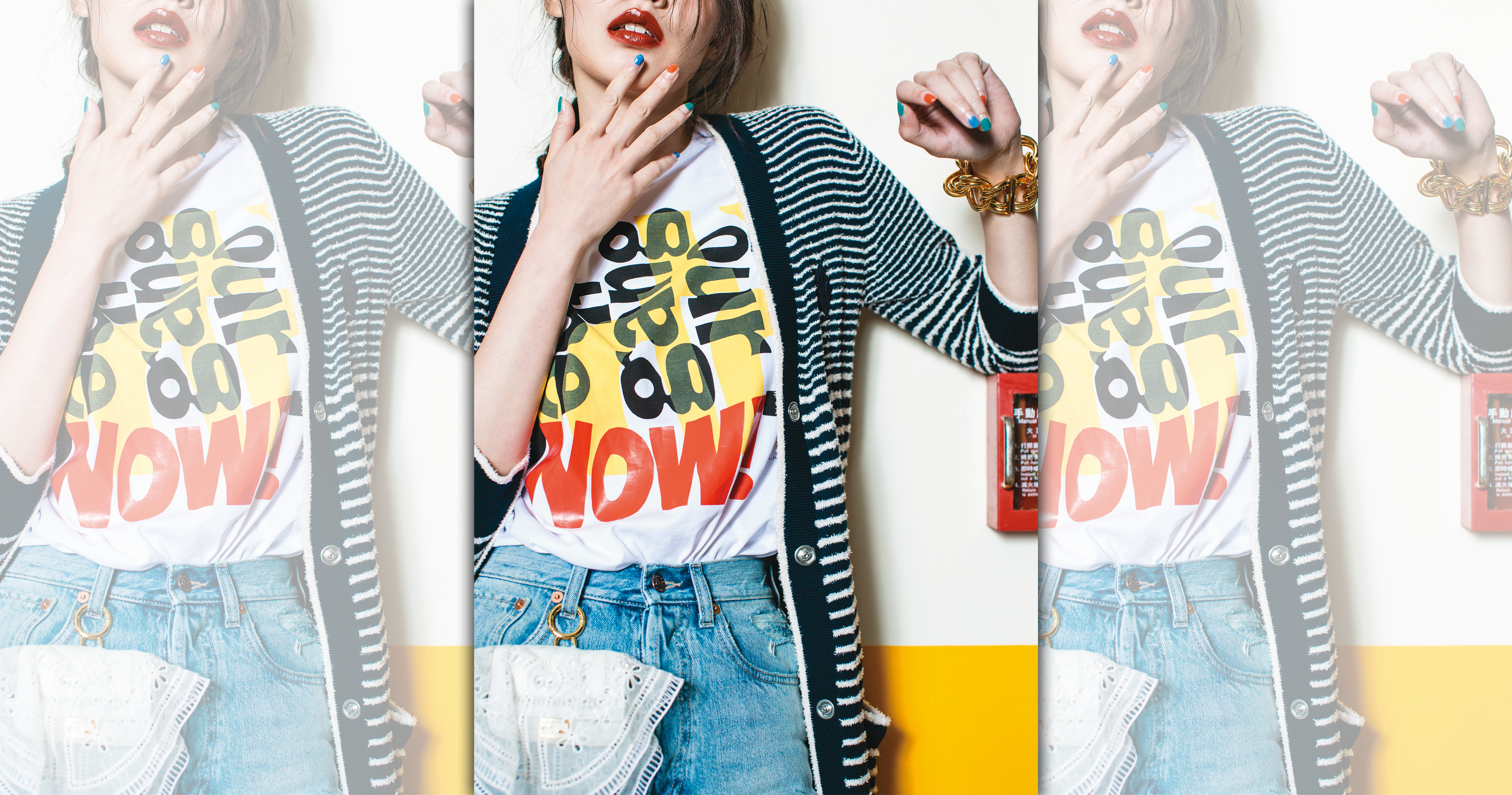 白底標語T恤 NT$18,700 by Chloé；海軍藍針織罩衫 NT$11,590 by Maje；有機水洗丹寧短褲 NT$23,900 by GUCCI；Gourmette金色手鍊 價格店洽by CELINE；Nano Baguette掛飾 價格店洽 by FENDI。