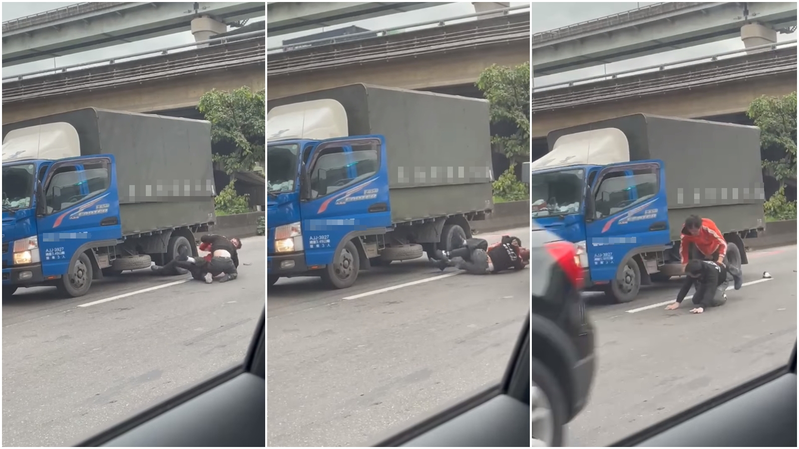 2名貨車司機竟因為行車糾紛打在交流道大打出手。（翻攝自爆料公社臉書）
