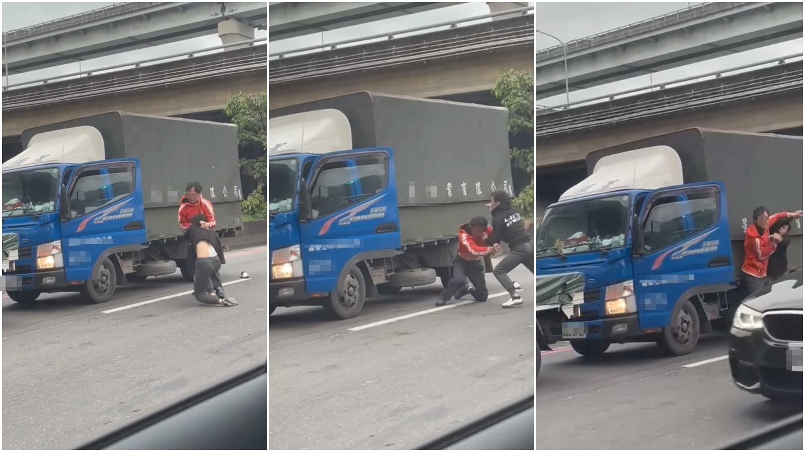 2名貨車司機竟因為行車糾紛打在交流道大打出手。(翻攝自爆料公社臉書)
