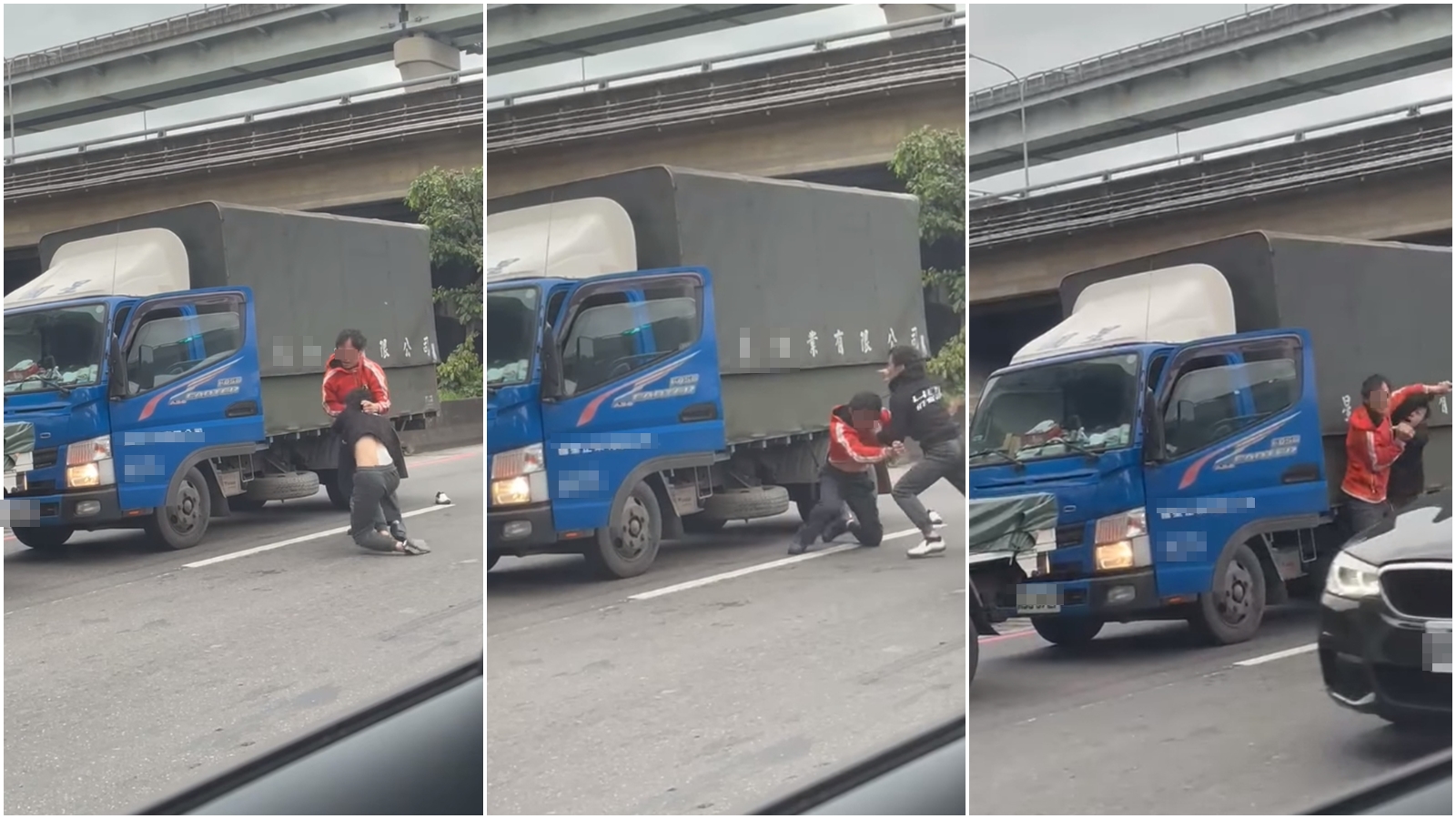 2名貨車司機竟因為行車糾紛打在交流道大打出手。（翻攝自爆料公社臉書）