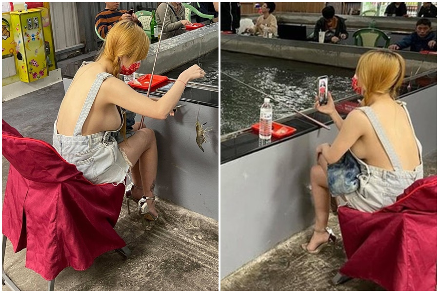 釣蝦場驚見火辣正妹,引起大票網友關注。(陳怡鈞授權提供)