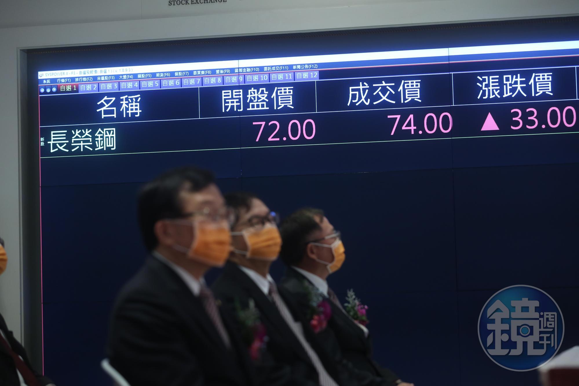 長榮鋼鐵今日由興櫃轉上市，以72元開出。