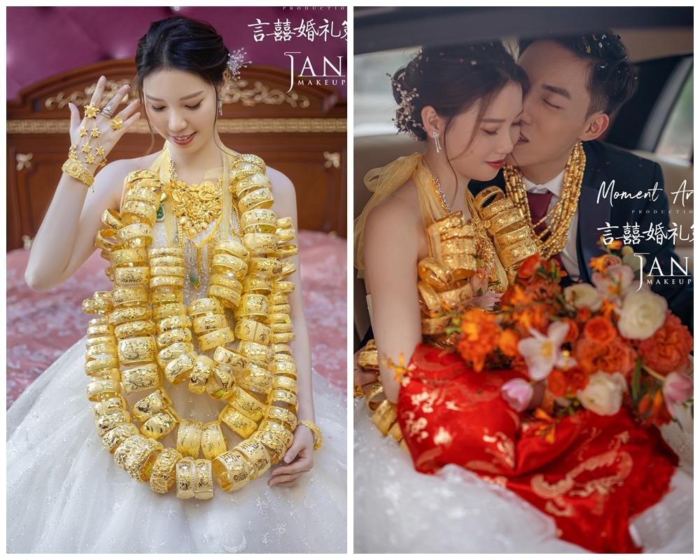 中國大陸一名新娘脖子上戴了近90只龍鳳手鐲組成的金項鍊,手上也戴滿了金飾。(翻攝JanMakeup微博)