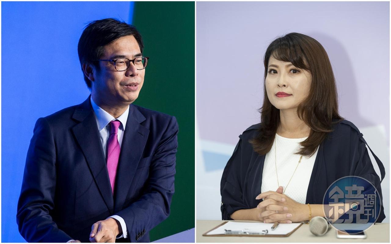 議員陳美雅(右)在質詢市長陳其邁(左)時一度口誤,指「PM2.5被WHO(世界衛生組織)證實是導致肺癌的危險『精子』(因子)」。(合成照/本刊資料照)