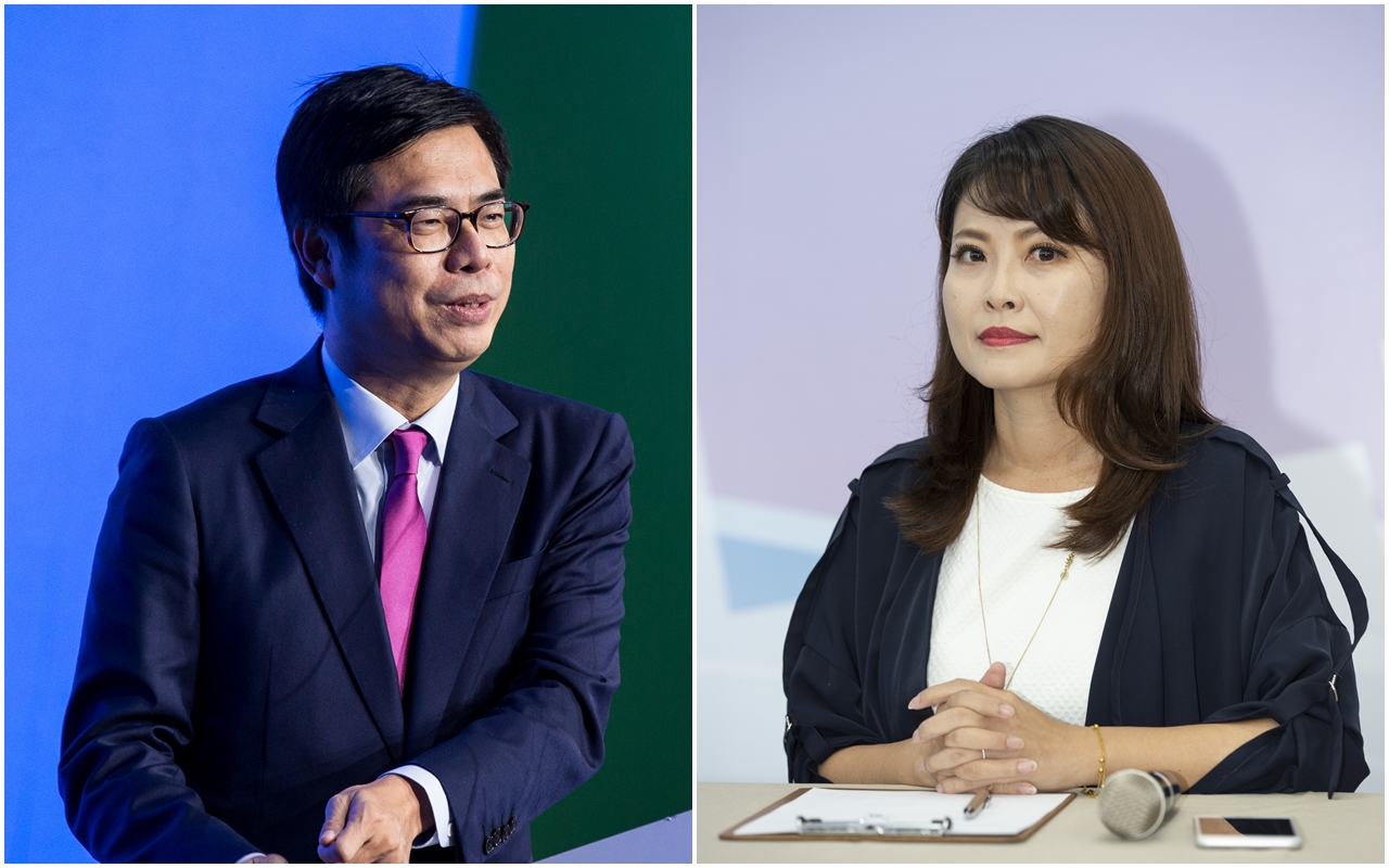 議員陳美雅（右）在質詢市長陳其邁（左）時一度口誤，指「PM2.5被WHO（世界衛生組織）證實是導致肺癌的危險『精子』（因子）」。（合成照／本刊資料照）