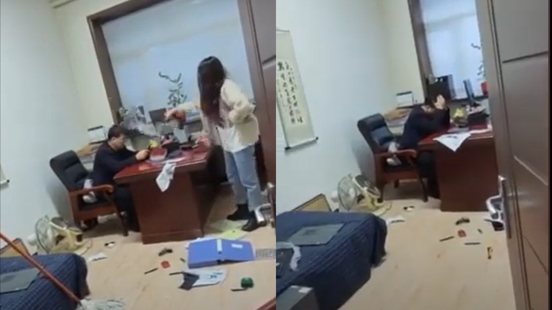 女子拿起物品往王春輝身上丟,嚇得他不斷道歉。(翻攝自YouTube)