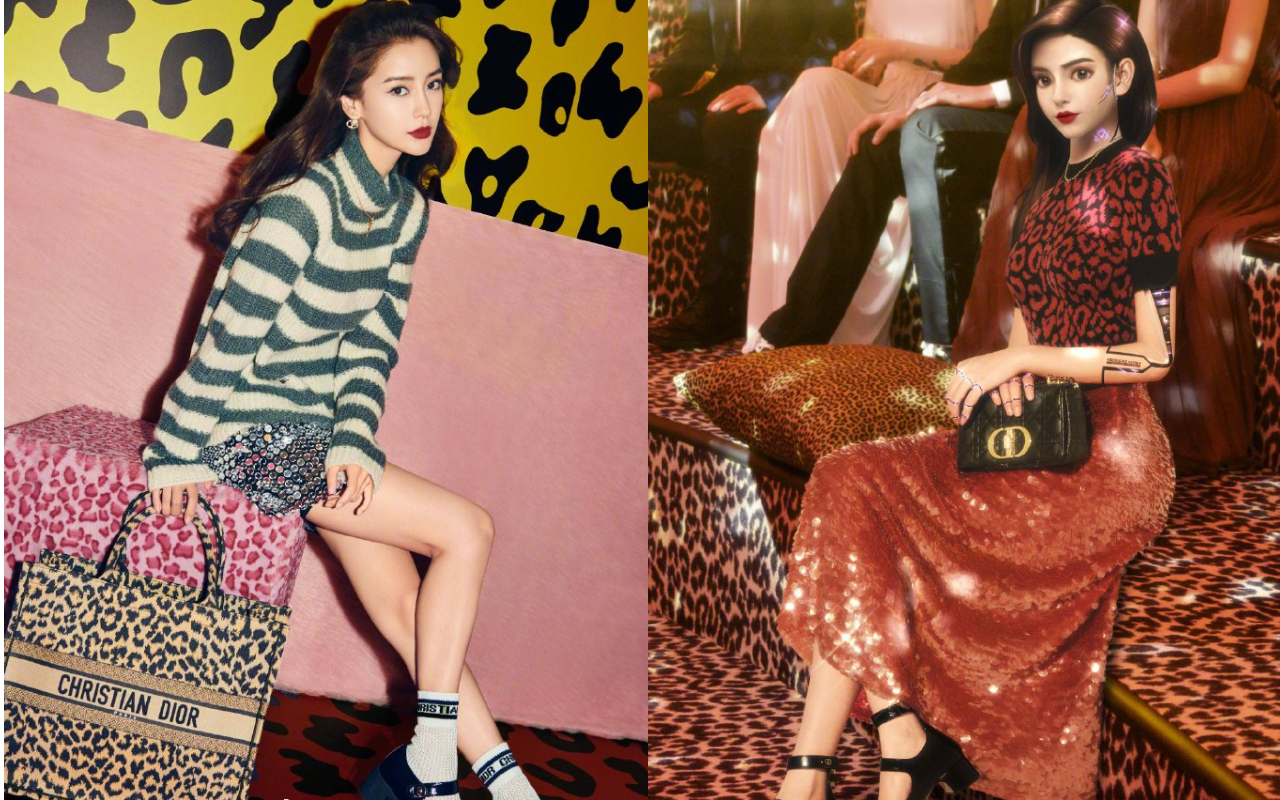 品牌大使Angelababy（左圖）的虛擬女神Angela3-0（右圖），首度現身Dior上海早秋大秀。（翻攝自Dior微博）