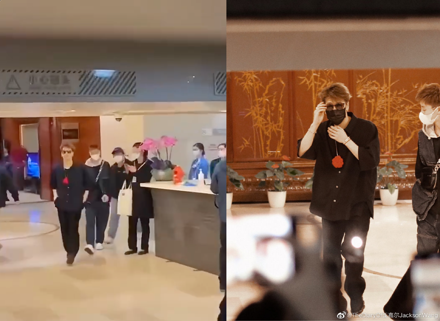 GOT7王嘉爾忘記戴口罩的模樣，被網友笑「前一秒大佬，後一秒大爺」。（網路圖片）