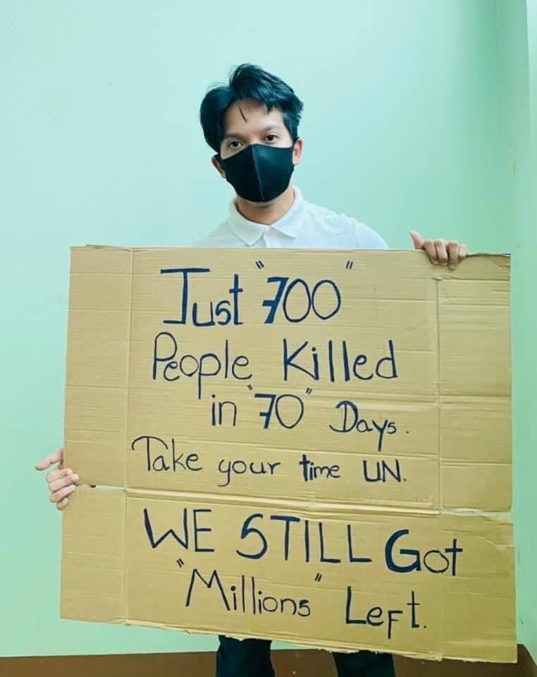 緬甸人民悲痛向國際求援，「70天才死700人，聯合國你們慢慢來，還有千千萬萬個我們在等著。」（翻攝自臉書）