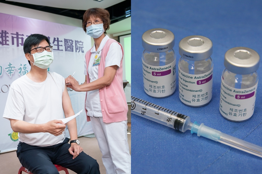 高雄市長陳其邁（左圖左）於今日接種AZ疫苗（右圖），施打前竟要主持人不要數「1、2、3」。（翻攝自陳其邁臉書、本刊資料照）