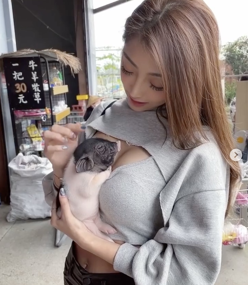 蘿拉將小乳豬放在自己的胸前。 （JKF提供） 