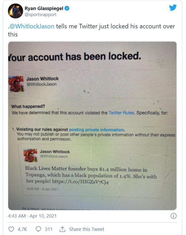 特洛克透過好友Ryan Glasspiegel發聲,指自己的推特帳戶被封了。(翻攝sportsrapport推特)