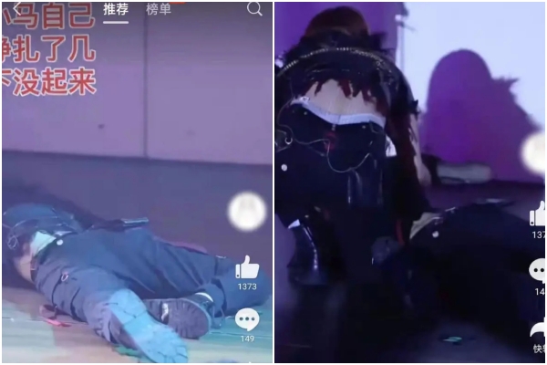 嘗試幾次都站不起來的馬玉靈,爬向後台求救,所幸隊友發現她的狀況,上前攙扶她回後台休息。(翻攝自微博)
