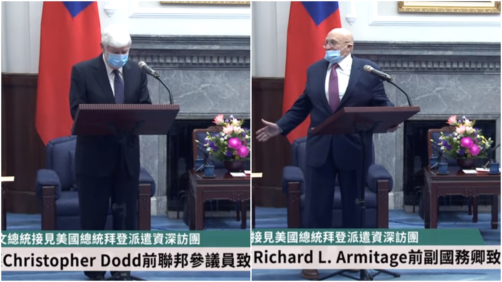 陶德（左）與阿米塔吉（右）分別都對於台鐵太魯閣號事故表達哀悼。（翻攝自總統府YouTube頻道／總統府提供）