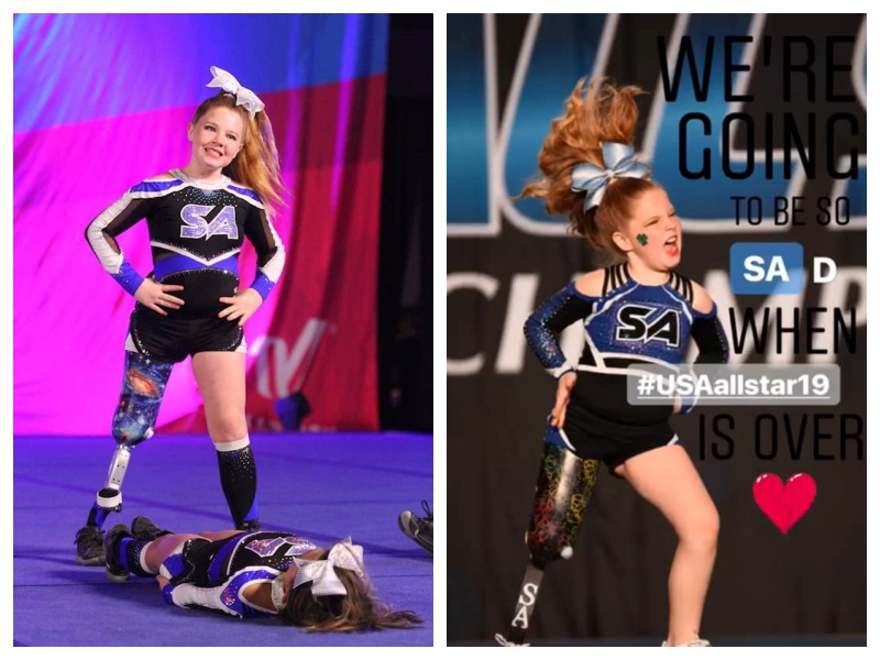 雅譚絲自小截肢，但4歲加入啦啦隊的她能夠表演許多高難度動作。（翻攝自Mary Adams-Sioss的臉書）