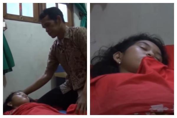 印尼少女伊恰罹患罕見睡眠障礙,經常沉睡不起,曾睡了13天才清醒。(翻攝自KOMPASTV Youtube)