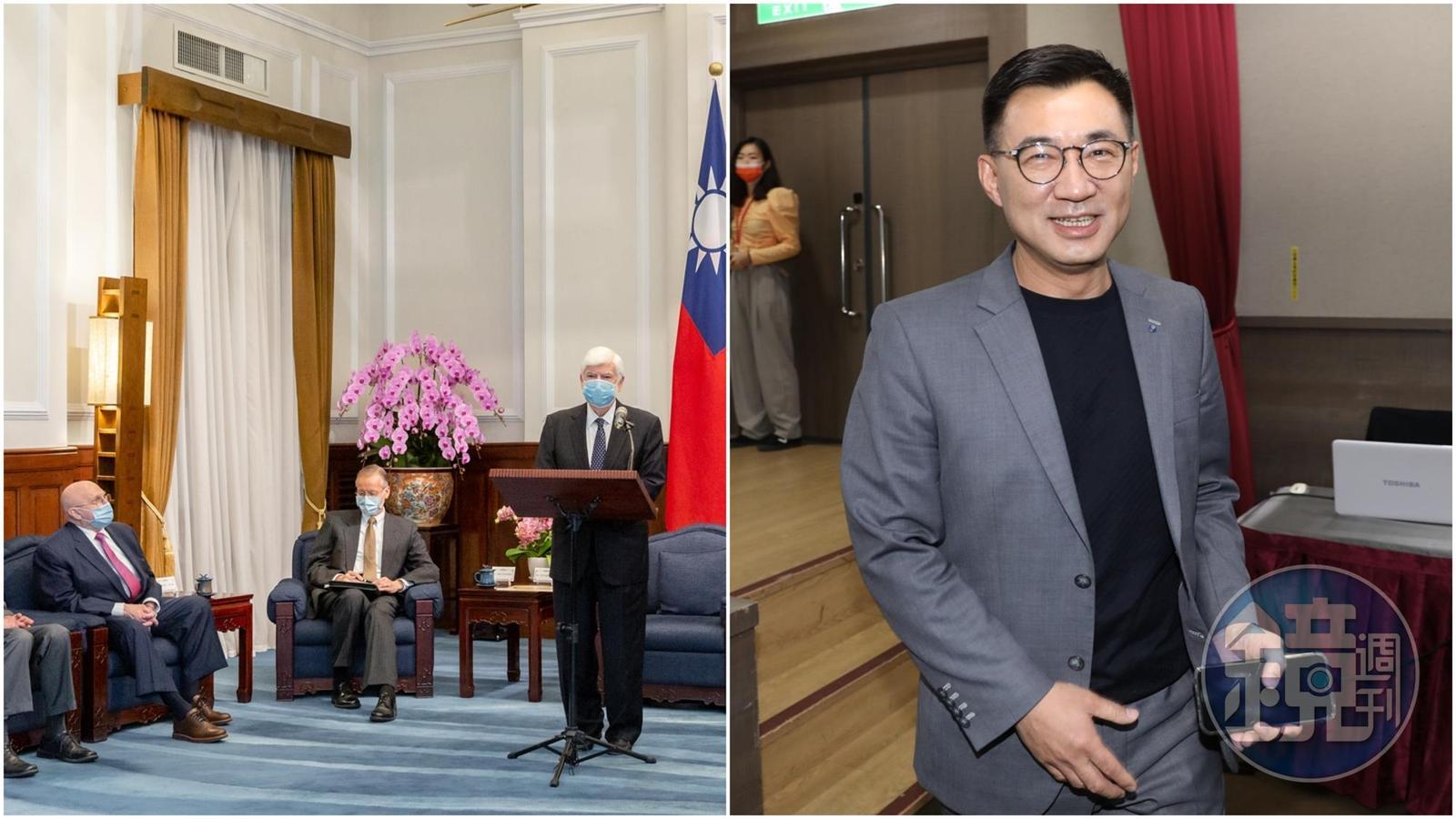 江啟臣（右）砲轟外交部與民進黨拒絕安排陶德訪團見在野黨，外交部對此回擊打臉。（總統府提供／本刊資料照）