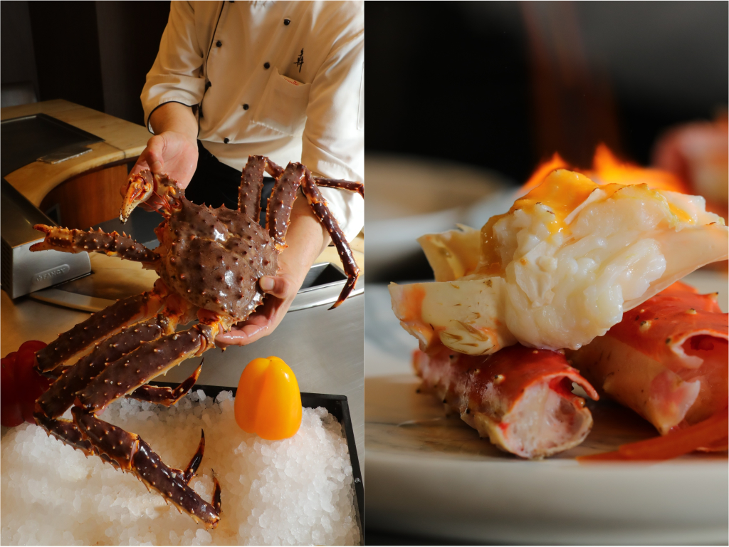 鮮活的北海道鱈場蟹（左）在上鐵板台前會秀給你看，清蒸的蟹腳、蟹身，厚實彈牙。