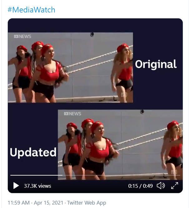 《ABC News》報導澳洲補給艦成軍典禮,播出火辣舞團現場表演,卻因剪輯手法引起誤會。(翻攝自ABCmediawatch的Twitter)