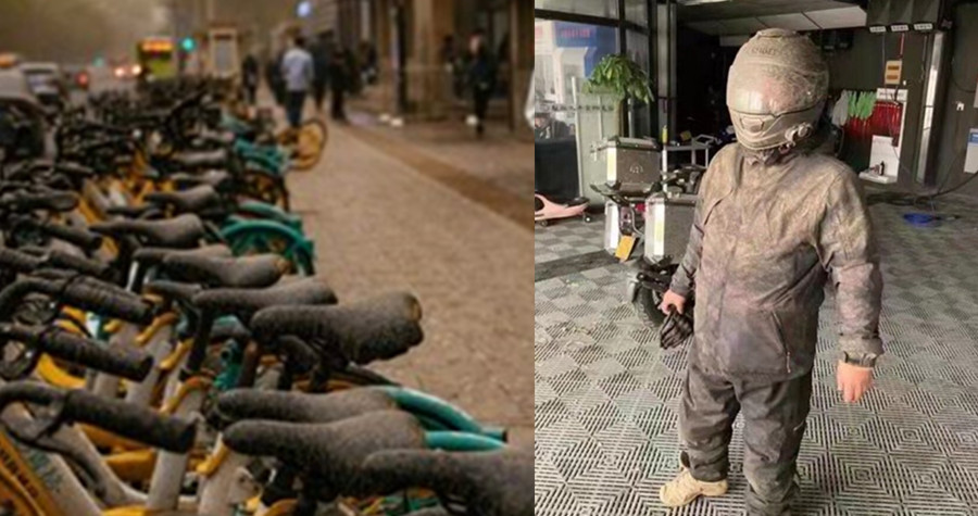 北京面臨今年第3次沙塵暴襲擊，連外送員都變成「剛出土的兵馬俑」（翻攝北京環球網、推特）