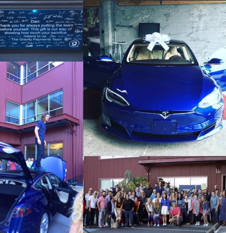 公司員工存錢6個月,合買特斯拉(Tesla)汽車送給普萊斯。(翻攝自Dan Price臉書)