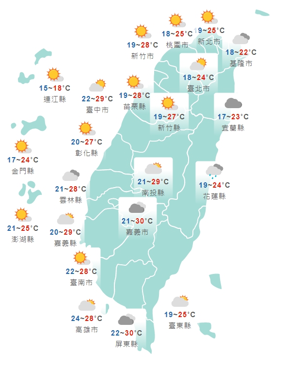 全台各地白天天氣狀況一覽。（翻攝自中央氣象局）