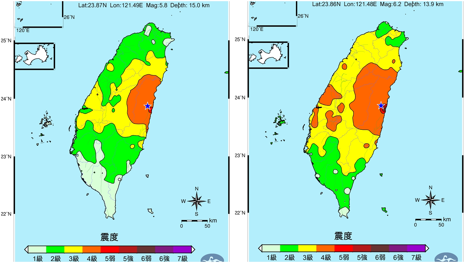 花蓮昨晚3分鐘內連續發生芮氏規模5.8及6.2兩起地震,全台幾乎有感。(翻攝自中央氣象局)