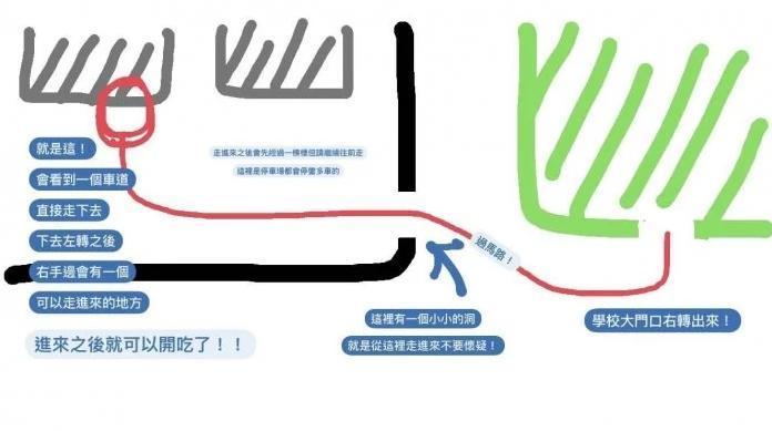 台中女中畢業的網友分享台中地院自助餐的簡易地圖。（翻攝自Dcard）