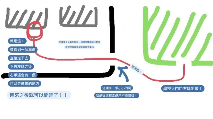 台中女中畢業的網友分享台中地院自助餐的簡易地圖。（翻攝自Dcard）